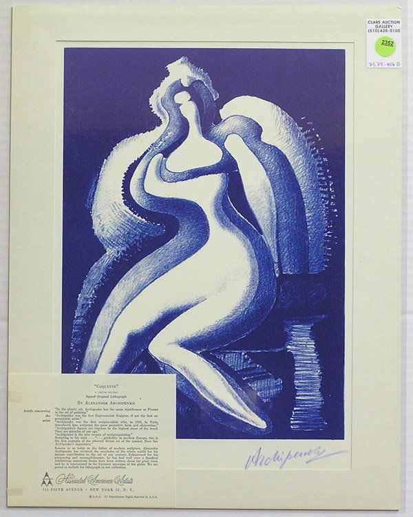 Lithograph Archipenko American: Unframed color lithograph, ''Coquette,'' by Alexander Archipenko (American, 1887-1964), signed in blue pencil lower right, published by Associated American Artists, New York, AAA label attached to mat