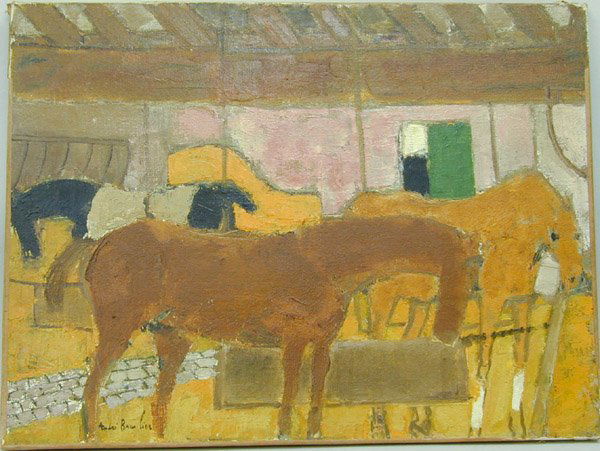 Painting Andre Brasilier French: Framed oil on canvas, ''Interieur d'une ecurie'' (1962), by Andre Brasilier (French 1929-), signed lower right, sight: 19''H x 24''W. (Photo-certificate by Xavier d'Aleyrac de Coulanges accompanies th