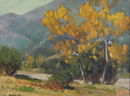 Painting, Hanson Puthuff: Hanson Puthuff (American, 1875-1972), Golden Autumn Trees, oil on board, signed lower right, board: 12"h x 16"w, overall (with frame): 20.5"h x 24.5"w