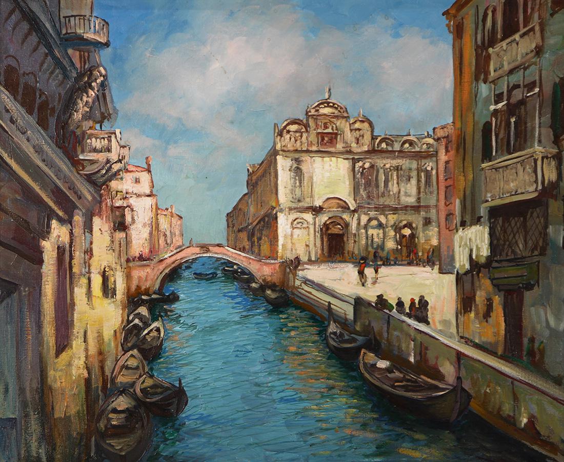 Painting, Alexander Dzigurski II: Alexander Dzigurski II (American, b. 1968), Venetian Canal, oil on canvas, unsigned, artist's stamp verso, canvas: 20"h x 24"w, overall (with frame): 25.5"h x 29.5"w