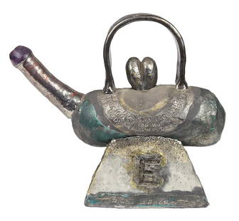 Ceramic sculpture, Robert Arneson: Robert Arneson (American, 1930-1992), "Swiss Tea," 1969, glazed ceramic sculpture (3-piece), signed and dated (on top handle), overall: 12"h x 13.25"w x 6.25"d