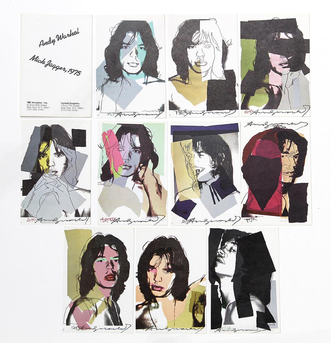 Prints, After Andy Warhol: (lot of 10) After Andy Warhol (American, 1928-1987), "Mick Jagger" (set of 10 announcement cards with cover published by Castelli Graphics for the forthcoming portfolio), 1975, offset lithographs in c
