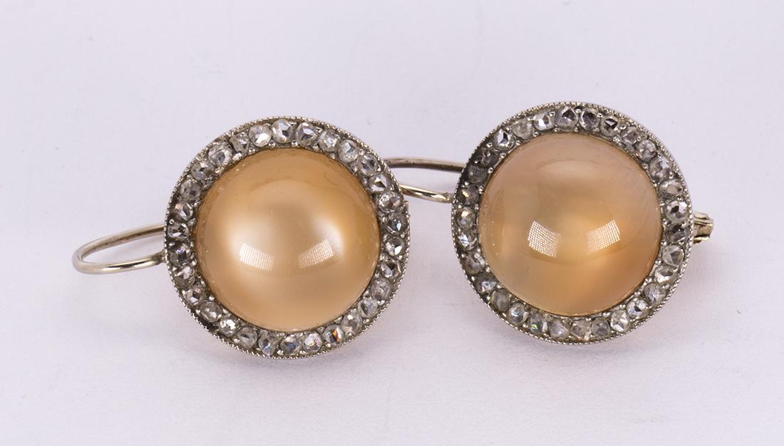 Pair of moonstone, diamond, platinum and yellow gold (1 of 3)