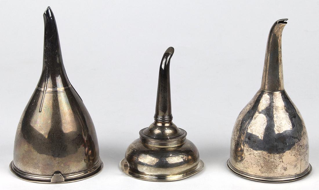 (lot of 3) Antique English sterling silver wine: (lot of 3) Antique English sterling silver wine funnels, consisting of (3) English examples of typical form, with removable strainer, largest 6.5"h x 3.5"dia.; total approx. weight 13.12 Troy oz. Prov