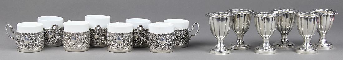 (lot of 14) Continental silver group: (lot of 14) Continental silver group, consisting of (8) Bavarian .800 silver demitasse cups, with porcelain liners, 2"h x 3" dia.; together with (6) silver egg cups, having a shaped rim, 3"h; approx.