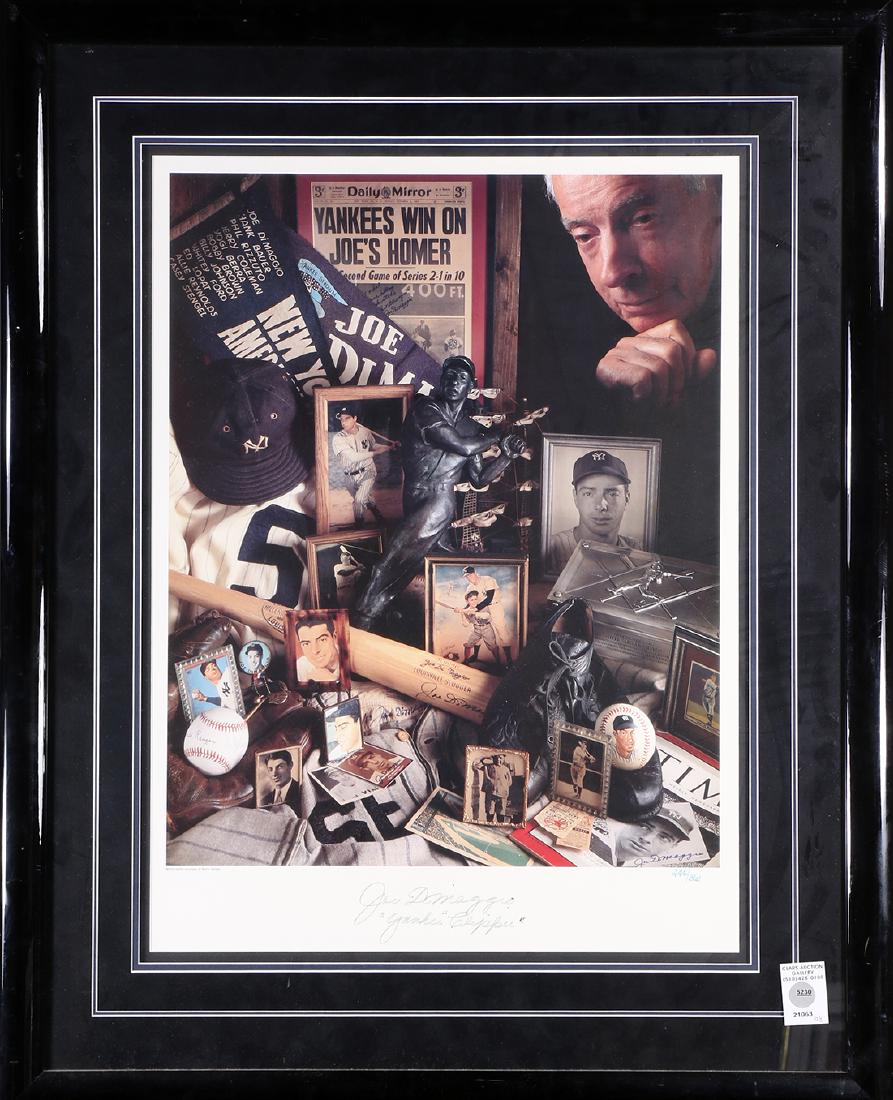 Framed memorabilia relating to Joe DiMaggio: Framed memorabilia relating to Joe DiMaggio, featuring a printed collage with images pertaining to Joe Dimaggio, signed at center base "Joe DiMaggio, Yankee Clipper", 244 / 361, 32"h x 26"w