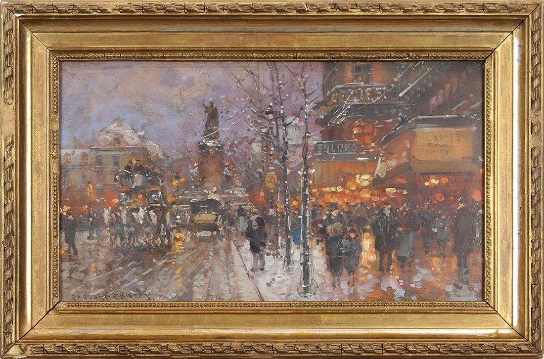 Painting, Follower of Edouard Cortes: Follower of Edouard Cortes (French, 1882-1969), Parisian Street Scene, oil on panel, bears signature lower left, panel 7.25"h x 12.75"w, overall (with frame): 10"h x 15.5"w