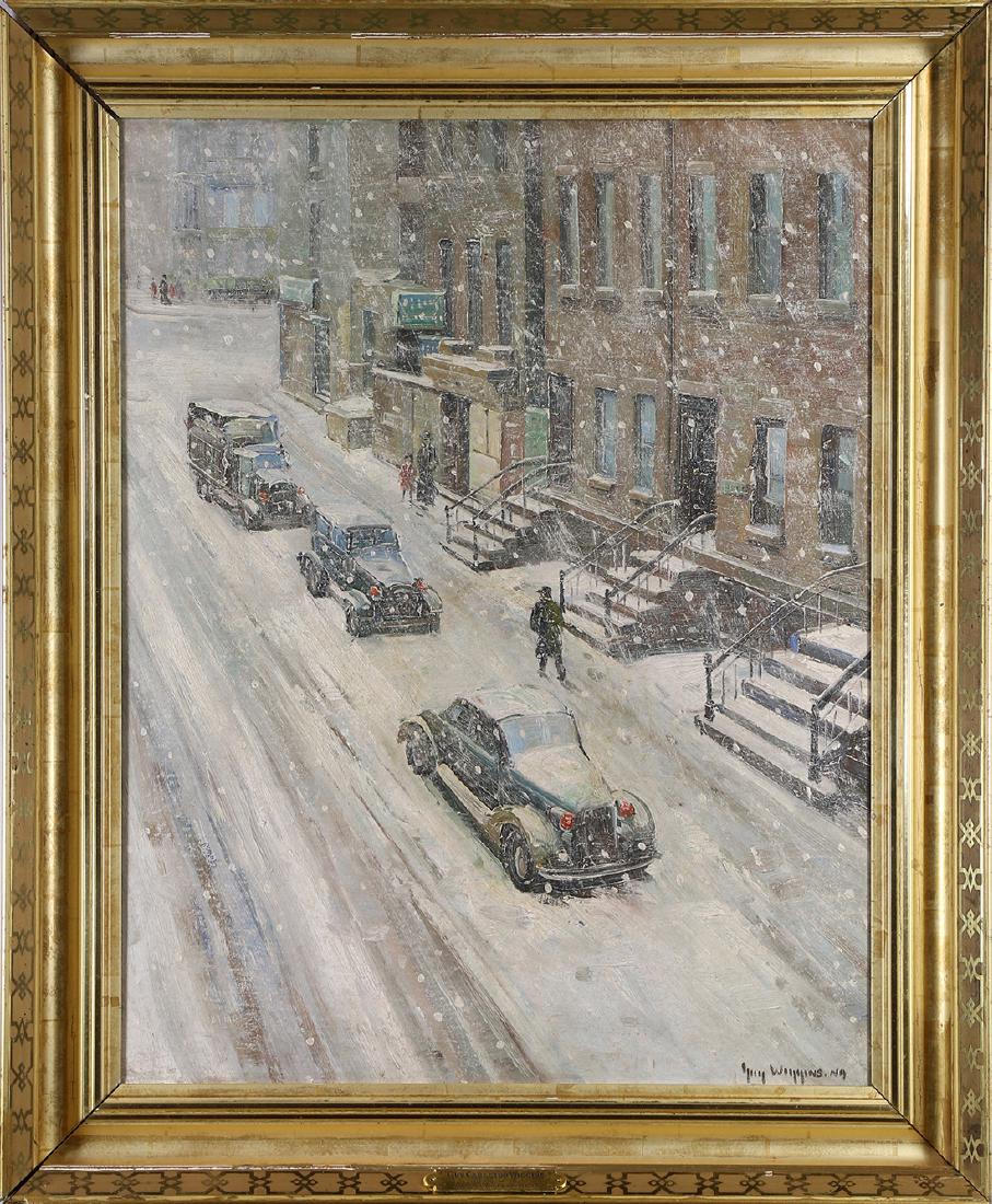 Painting, Follower of Guy Wiggins: Follower of Guy Carleton Wiggins (American, 1883-1962), "Madison Avenue and 53rd Street," oil on canvas, bears signature lower right, title inscribed verso and on affixed title placard lower center, o
