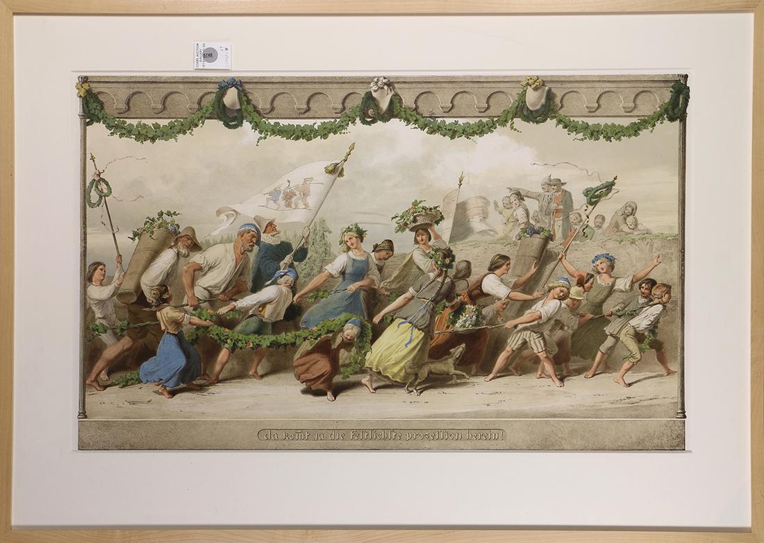 Print, After Peter Herwegen: After Peter Herwegen (German, 1814-1893), "Triumphzug Der Konigs Wein," 1872, chromolithograph, overall (with frame): 26"h x 36.5"w. Provenance: Property from the Sterling Vineyard Winery Art Collecti
