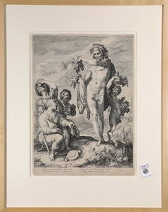 Print, Jan Pietersz Saenredam, The Veneration of: Jan Pietersz Saenredam (Dutch, 1565-1607), The Veneration of Bacchus, 1597, engraving, signed in plate lower left, overall (with frame): 27"h x 21.5"w. Provenance: Property from the Sterling Vineyard