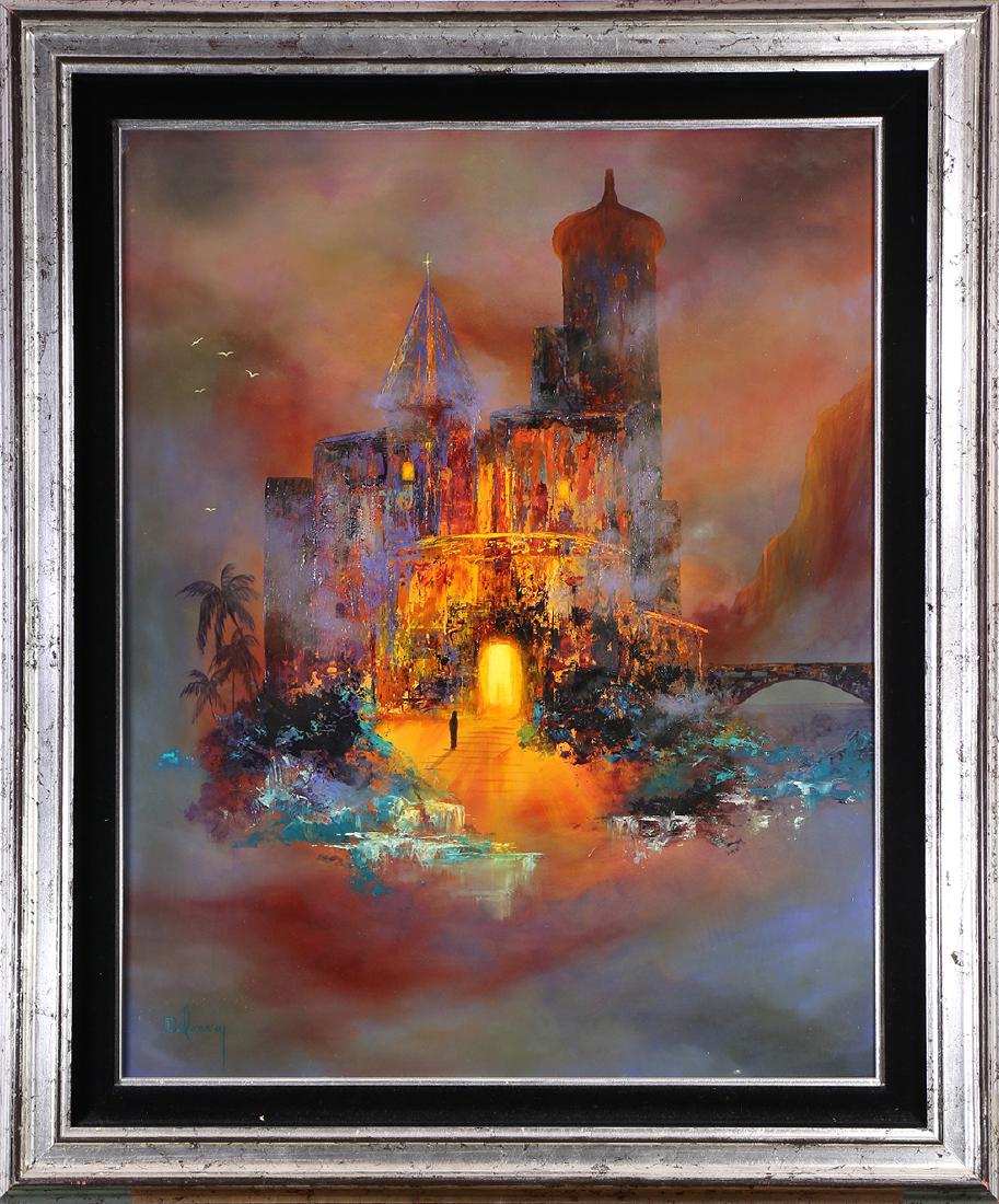 Painting, The Crystal Palace: "The Crystal Palace," oil on board, signed "Delmary" lower left, 20th century, overall (with frame): 37"h x 31"w
