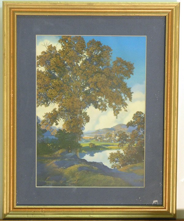 Print Maxfield Parrish Bigelow calendar: Framed offset print, Peaceful Valley [Tranquility] (1936), by Maxfield Parrish, cropped Brown and Bigelow landscape calendar, sight: 11''H x 8''W