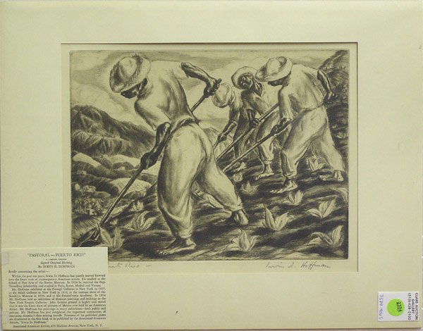 Irwin Hoffman Pastoral Puerto Rico: Unframed etching, ''Pastoral, Puerto Rico,'' by Irwin D. Hoffman (American, 1901-1989), pencil signed lower right, inscribed lower left, published by Associated American Artists, New York, AAA label a
