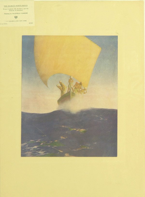Print Maxfield Parrish Codadad Arabian: Framed offset print, Prince Codadad, His Brothers, and the Princess of Deryabar, after Maxfield Parrish, printed by P.F. Collier & Son New York, sheet: approx. 11''H x 9''W