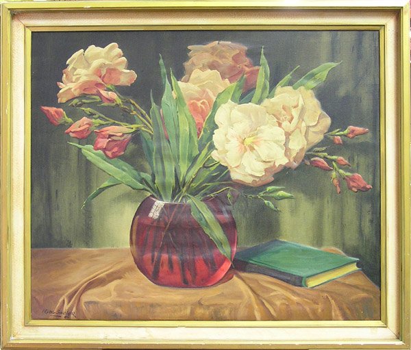 Painting Irving Sinclair American: Framed oil on canvas, Floral Still Life (1946) by Irving Sinclair (American 1895-1969), signed and dated lower left, image: 34''H x 41''W, frame: 40''H x 46''W x 1''D