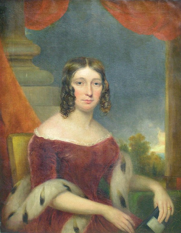 Painting Thomas Kirkby British portrait: Framed oil on canvas, Portrait of Mary Schomberg, Wife of the Revered John Duff Schomberg, Vicar of Polesworth (1843), by Thomas Kirkby (British 19th century), signed and titled verso, sight: 36''H x