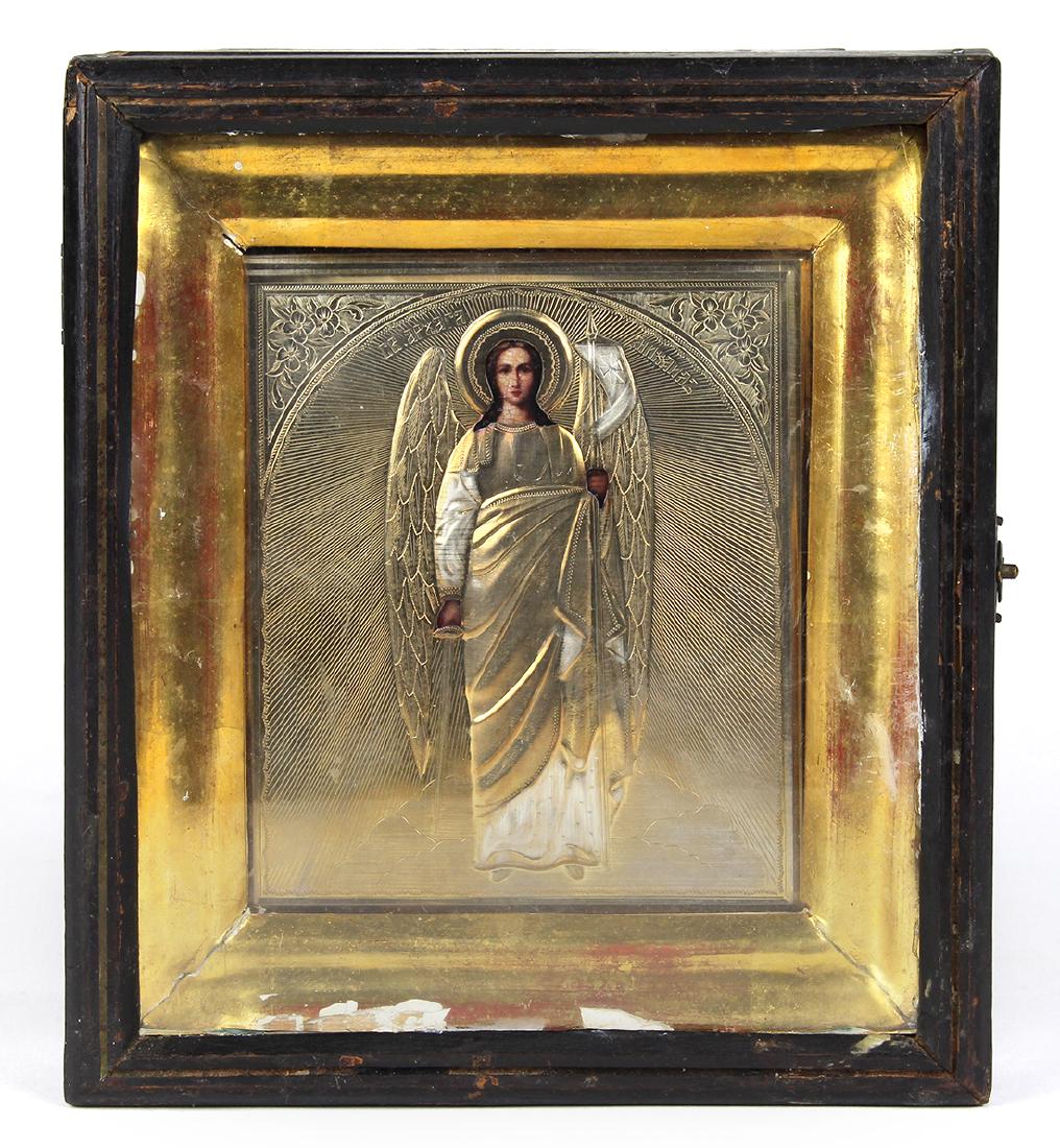 Russian icon: Russian icon, having a silver oklad and depicting Michael the Archangel, hallmarked 'AA' 1890 Moscow, sight: 5"h x 4"w