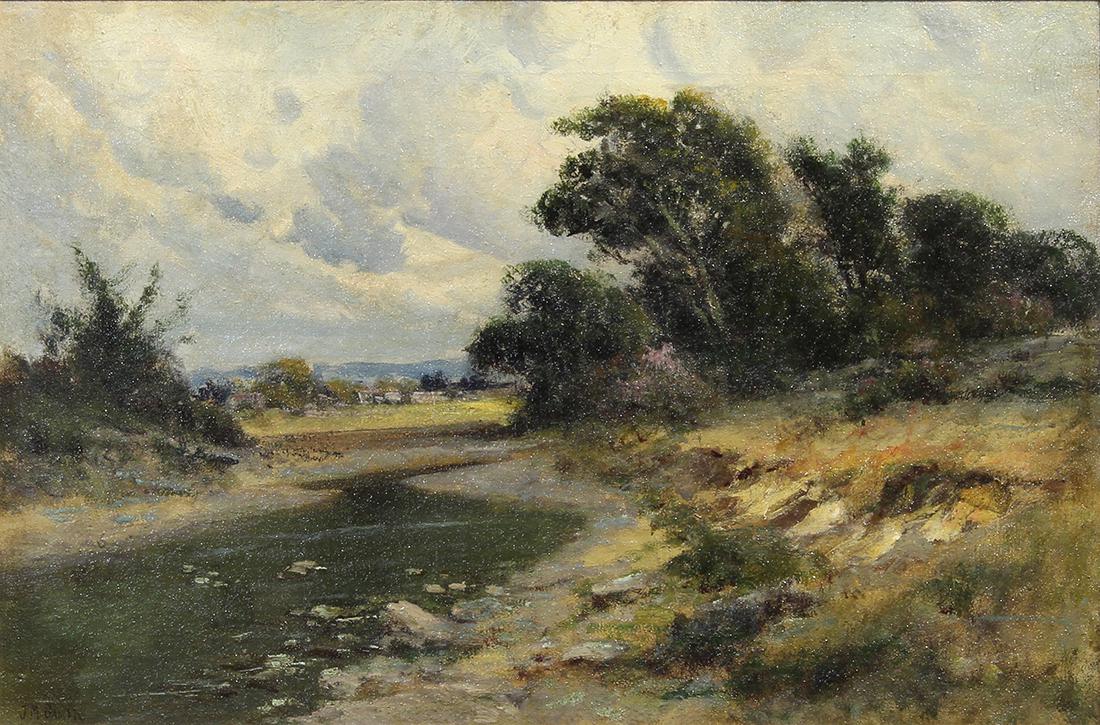 Painting, John Marshall Gamble: John Marshall Gamble (American, 1863-1957), Stream Through The Valley, oil on canvas, signed lower left, canvas: 16"h x 24"w, overall (with frame): 23.5"h x 31.25"w