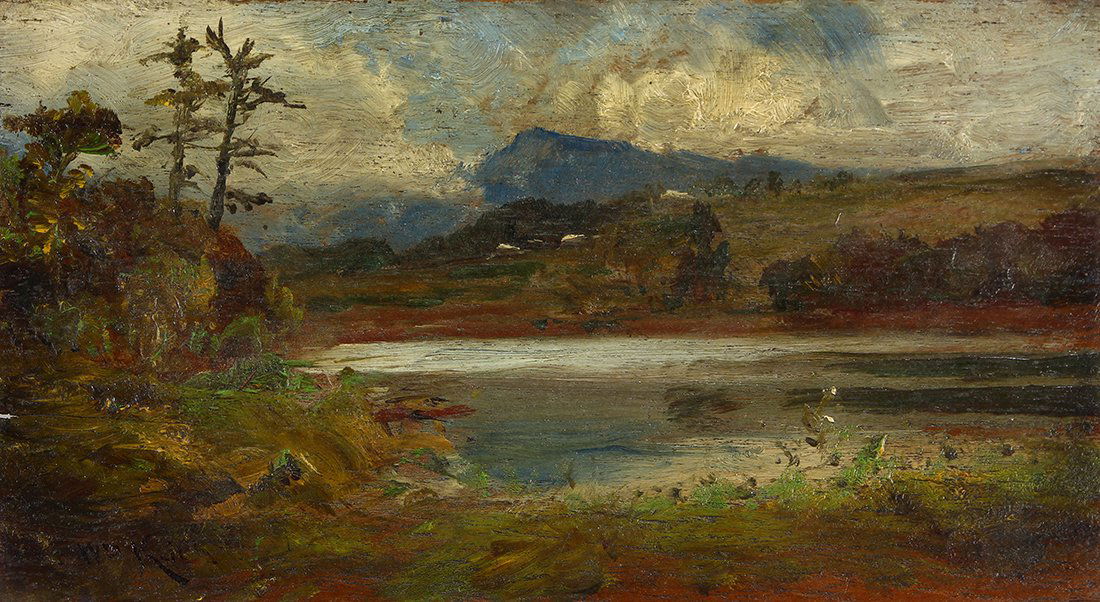 Painting, William Keith: William Keith (American, 1838-1911), View of Mount Tamalpais, oil on board (cigar box panel/lid), signed lower left, panel (unframed): 5"h x 10"w