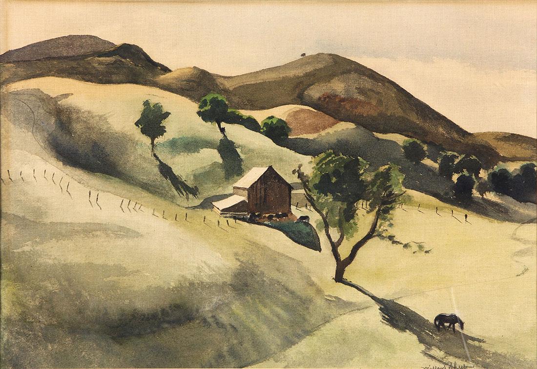 Watercolor, Millard Sheets: Millard Sheets (American, 1907-1989), Farm In The Foothills, watercolor on silk (laid down on card board), signed lower right, sight: 13.5"h x 19.75"w, overall (with frame): 22"h x 28"w