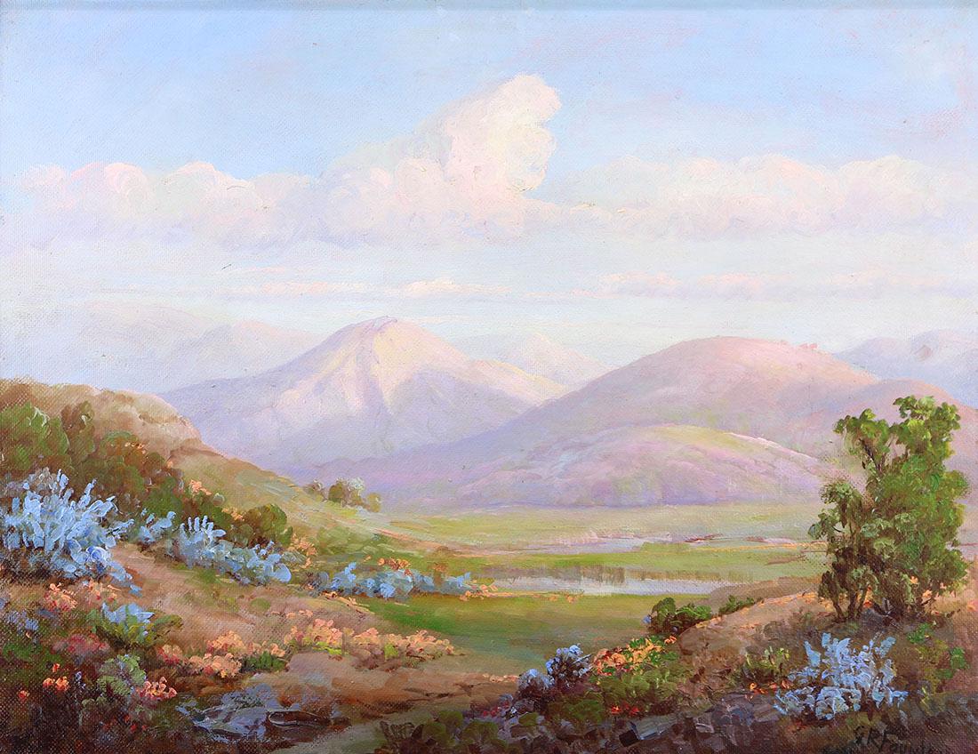 Painting, Grace H. Russell Fountain: Grace H. Russell Fountain (American, 1858-1942), Valley Vista with Wildflowers, oil on canvas board, signed lower right, board: 22"h x 28"w, overall (with frame): 29"h x 35"w
