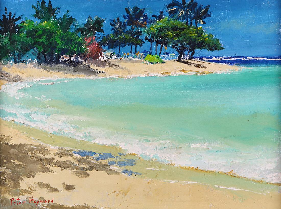 Painting, Peter Hayward: Peter Hayward (American, 1905-1993), "Kaaawa Beach," oil on canvas, signed lower left, titled verso, canvas: 12"h x 16"w, overall (with frame): 19.5"h x 23"w
