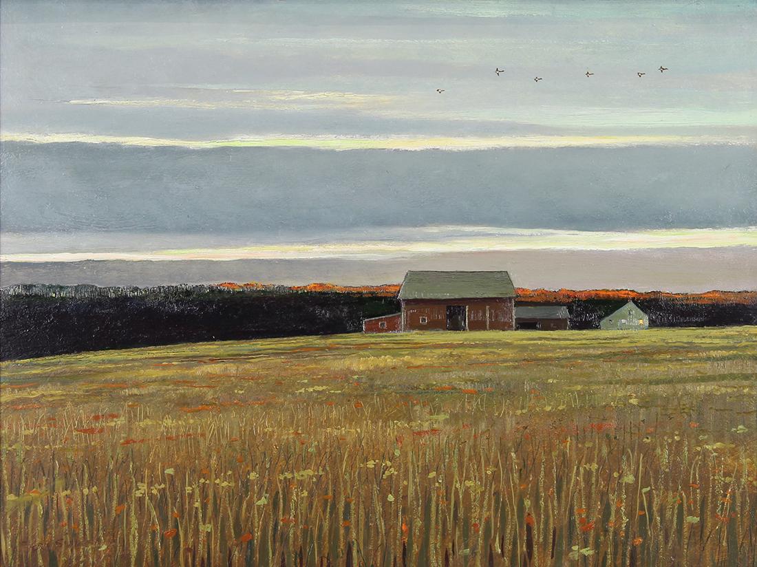 Painting, Eric Sloane: Eric Sloane (American, 1905-1985), "October," oil on board, signed lower left, titled verso, gallery title labels (Grand Central Art Galleries, NYC/Nedra Matteucci Gallery, Santa Fe, NM) affixed verso