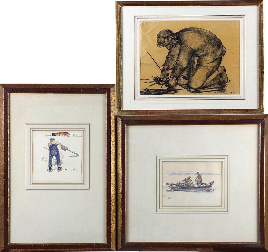 Works on Paper, Willem Van Den Berg: (lot of 3) Willem Van Den Berg (Dutch/American, 1886-1970), Field Workers and Fishermen, 1945/1942/1961, watercolor and pencil/charcoal on papers, each signed and dated, sights: 6"h x 6"w/5.5"h x 7.25