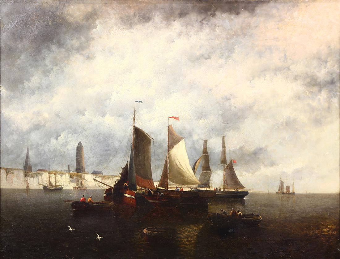 Painting, European School (19th century): H. Moris (British, 19th century), Ships in a Harbor, 1884(?), oil on canvas, signed 'H. Moris' lower left, overall (with frame): 33"h x 41.5"w