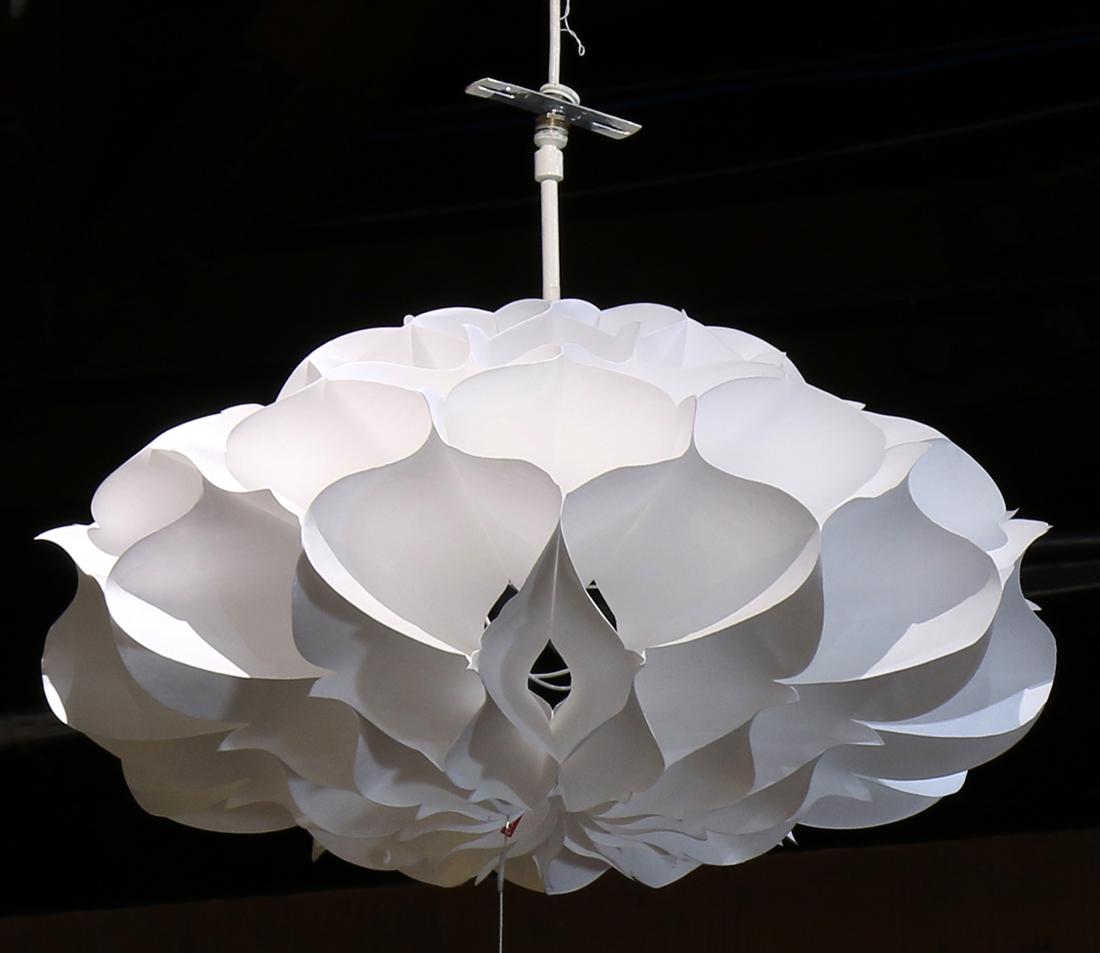 Karl Zahn designed hanging pendant light: Karl Zahn designed hanging pendant light, having a single light centering the tyvek shade, shade:12"h x 24"w