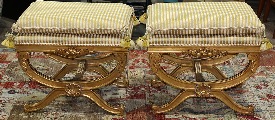 French Empire style gilt ottomans, each having striped (1 of 2)