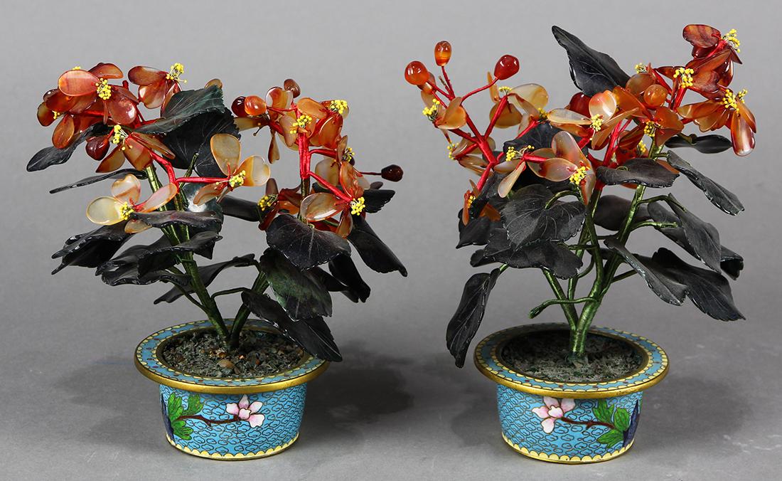 Chinese Hardstone Plants: Pair of Chinese stone plants, each with carnelian flower petals with dark hardstone leaves, issuing from a cloisonne vessel, overall: 7.75"h