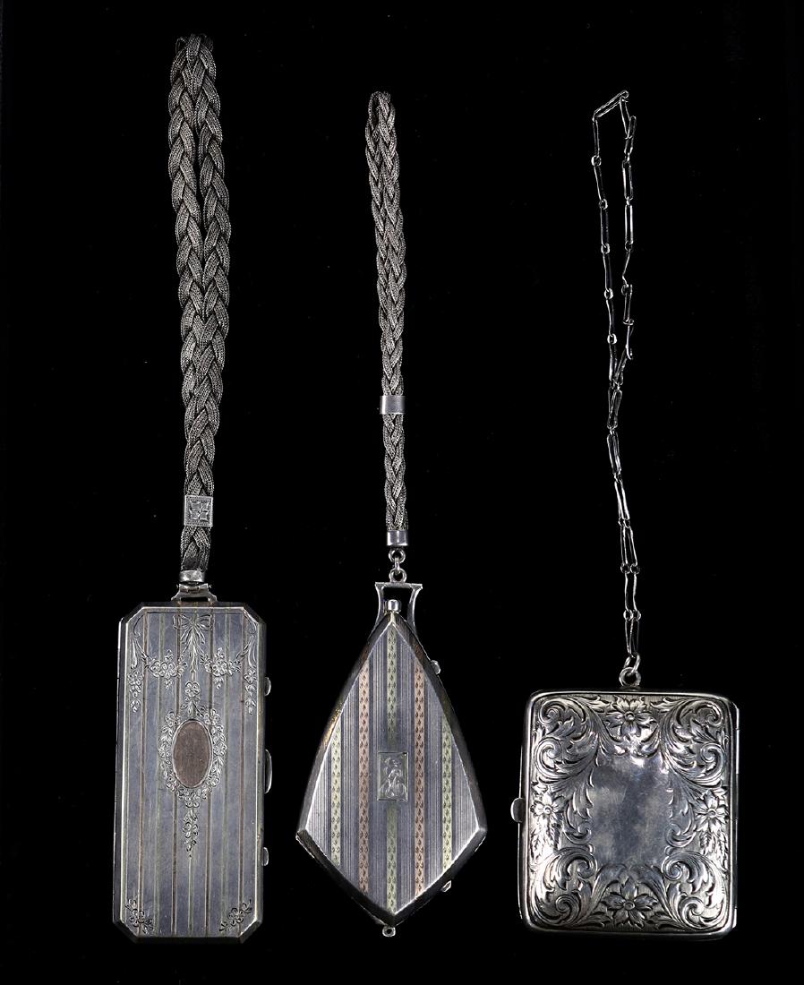 (lot of 3) American sterling silver dance/wrist compact: (lot of 3) American sterling silver dance/wrist compact group, consisting of a James Blake & Co. triangular form compact, having a woven silver wristband, the lid having alternating vertical bands of