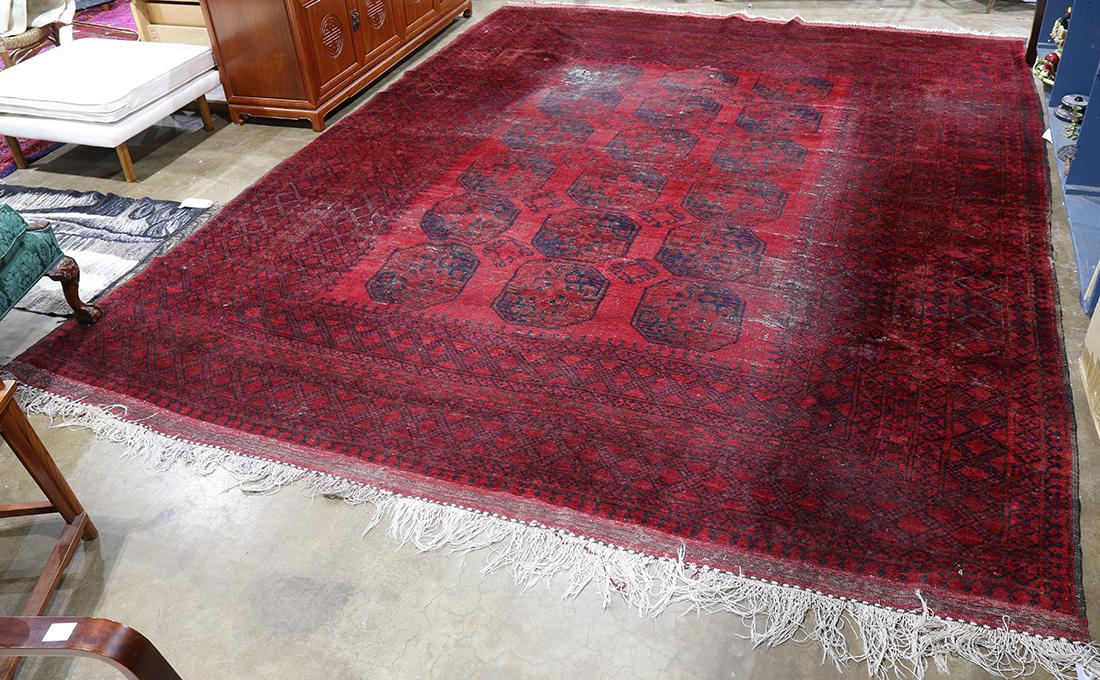 Afghan Turkoman carpet, 13'9" x 10'7" (wear) (1 of 4)