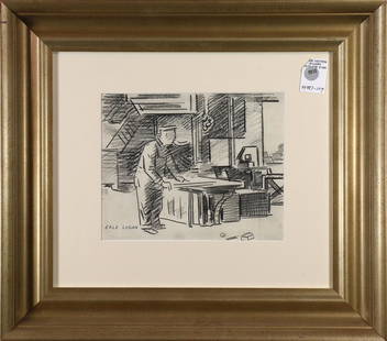 Drawing, Erle Loran: Erle Loran (American, 1905-1999), Figure in Workshop, charcoal on paper, signed lowet left, overall (with frame): 17.5"h x 19.75"w