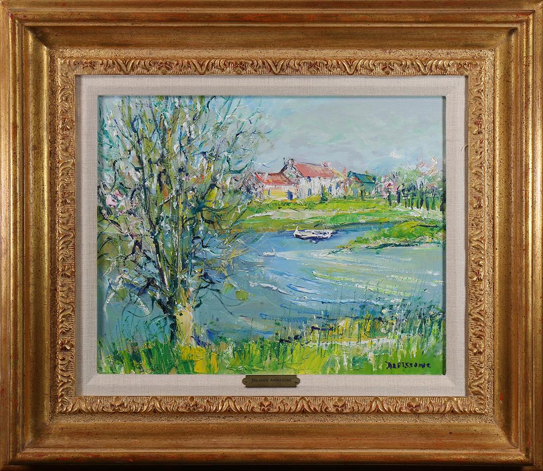 Painting, Yolande Ardissone: Yolande Ardissone (French, b. 1927), Springtime on the Lake, oil on canvas, signed lower right, artist plaque lower center, overall (with frame): 21"h x 24"w