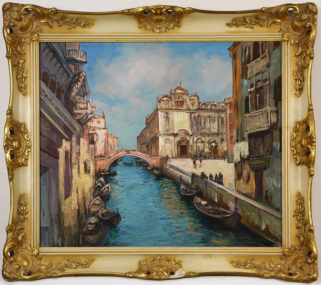 Painting, Alexander Dzigurski II: Alexander Dzigurski II (American, b. 1968), Venetian Canal, oil on canvas, unsigned, artist's stamp verso, canvas: 20"h x 24"w, overall (with frame): 25.5"h x 29.5"w