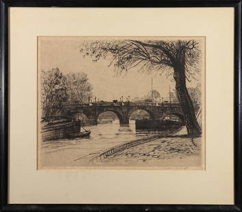 Print, Caroline Armington: Caroline Armington (Canadian/French, 1875-1939), Along the Seine, etching, signed lower right, overall (with frame): 20.5"h x 23.5"w