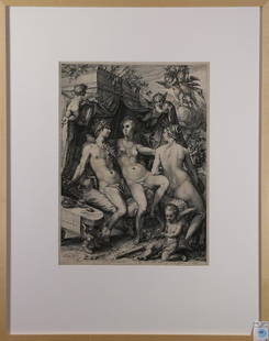 Print, After Hendrik Goltzius, Bacchus, Venus, and: After Hendrik Goltzius (Dutch, 1558–1617), Bacchus, Venus, and Ceres, 1600, engraving, engraved by Jan Pietersz Saenredam (Dutch, 1565–1607), overall (with frame): 29"h x 23"w; Property from the S