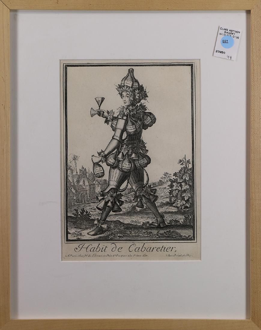 Print, Nicolas de Larmessin the Younger: Nicolas de Larmessin the Younger (French, 1638–1694), "Habit de Cabaretier," 1690, engraving, later print, with label affixed verso, overall (with frame): 19"h x 15"w; Property from the Sterling Vin