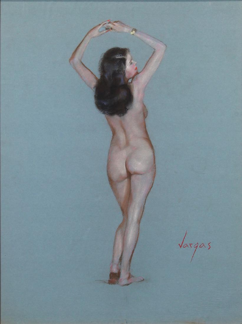 Mixed media, Follower of Alberto Vargas: Follower of Alberto Vargas (American, 1896-1982), Nude, mixed media on paper, signed lower right, sight: 24"h x 18"w, overall (with frame): 35"h x 28.75"w