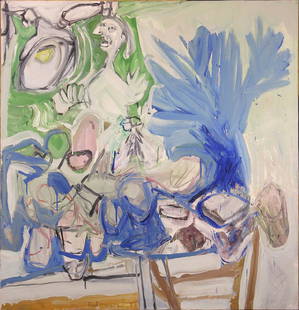 Painting, Paul Wonner: Paul Wonner (American, 1920-2008), "Still Life with Femme au Coq," circa 1953, oil on canvas, signed lower center, signed and titled verso, canvas (unframed): 50"h x 48"w