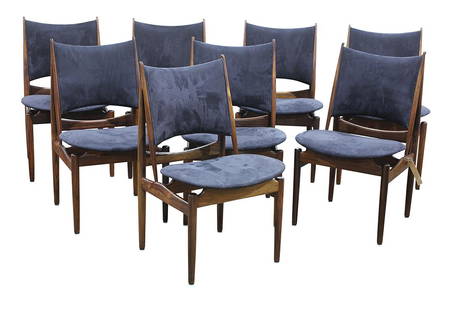 Finn Juhl for Niels Vodder Egyptian rosewood chairs: (lot of 8) Finn Juhl for Niels Vodder Egyptian rosewood chairs, each upholstered in blue, having a contoured frame, and rising on tapered legs, each chair branded Niels Vodder Cabinetmaker Copenhagen