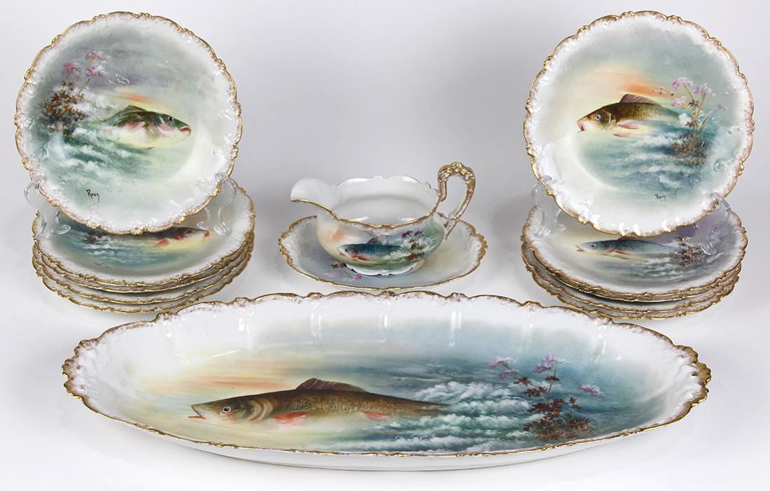 (lot of 13) Limoges hand painted porcelain fish service (1 of 4)