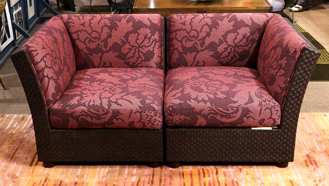 (lot of 4) Orlando Diaz-Azcuy for McGuire San Francisco: (lot of 4) Orlando Diaz-Azcuy for McGuire San Francisco corner chair sectionals, each in two parts, having blush upholstery with stylized floral designs, above the mocha rattan frame, rising on cylind