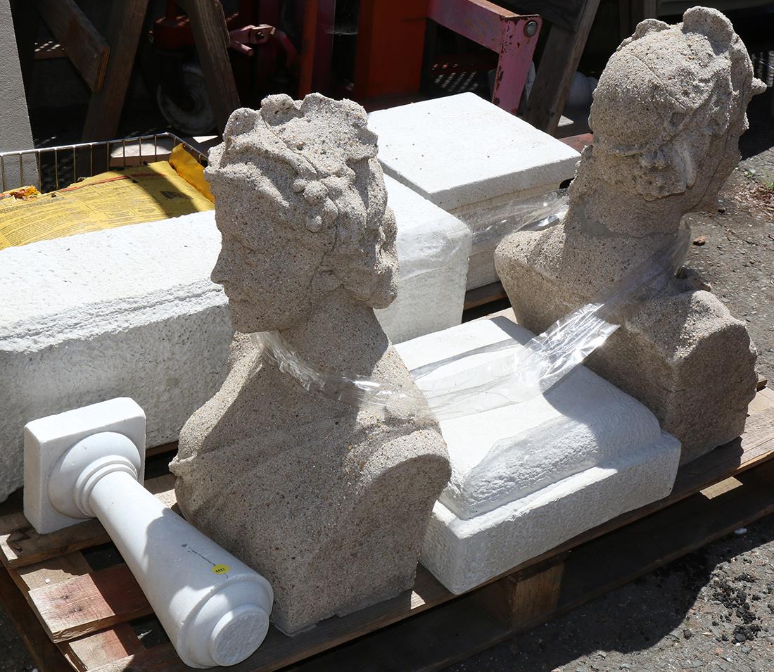 Pair of cast cement busts with white marble stands, (1 of 1)