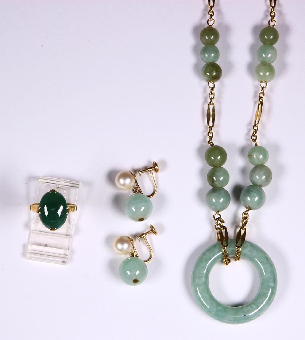 (Lot of 3) Jadeite, cultured pearl and yellow gold (1 of 2)