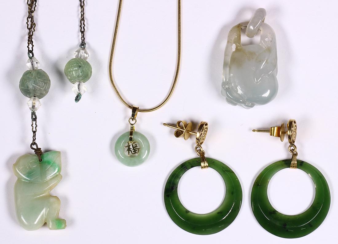(Lot of 4) Jade, beryl, yellow gold, silver and metal: (Lot of 4) Jade, beryl, yellow gold, silver and metal jewelry Including 1) jadeite and 14k yellow gold disc, measuring approximately 11 mm in diameter, suspended from a 14k yellow gold, snake link, 18