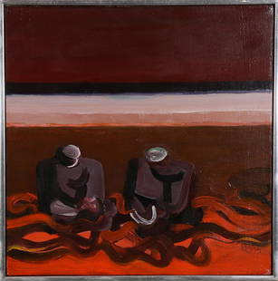 Painting, Richard Haines: Richard Haines (American, 1906-1984), Untitled (Two Seated Figures), oil on canvas, signed lower right, signed verso, overall (with frame): 17"h x 16.75"w