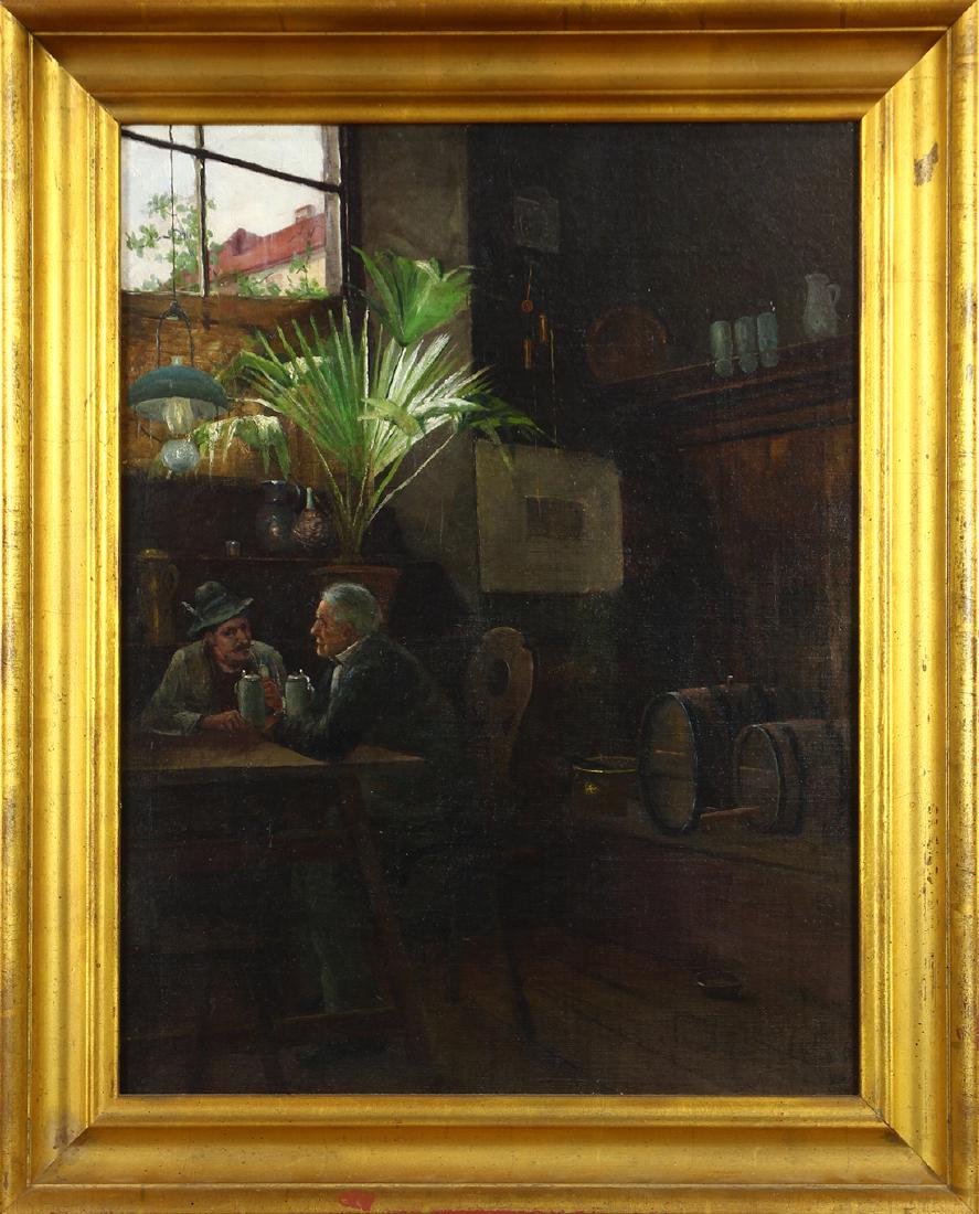 Painting, Emile Emil Meyer: Emile Emil Meyer (American, b. 1863), Interior Tavern Scene, oil on canvas board, signed lower right, canvas: 22"h x 17"w, overall (with frame): 26.5"h x 21.5"w